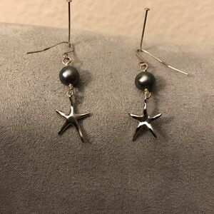 Silver Starfish Earrings with Black Pearls